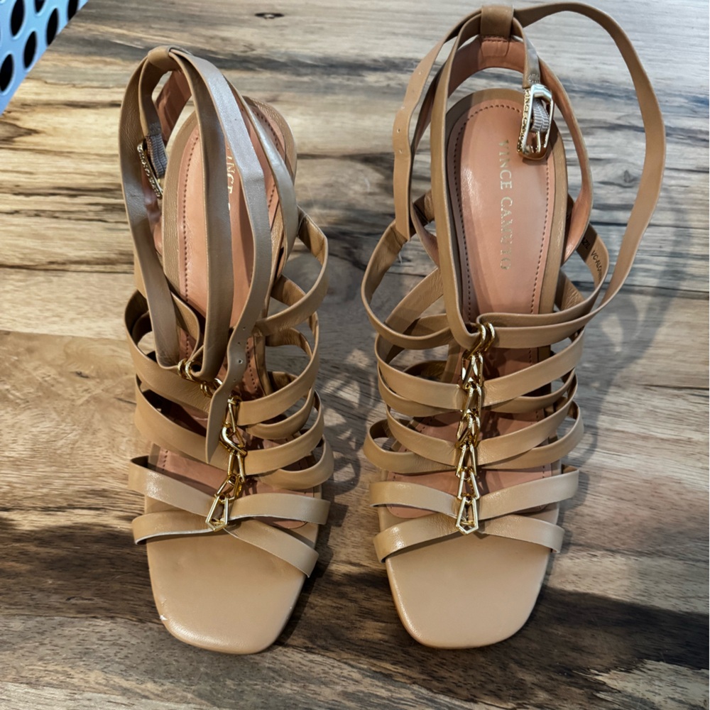Vince Camuto Tan Strappy Heels with Gold Chain